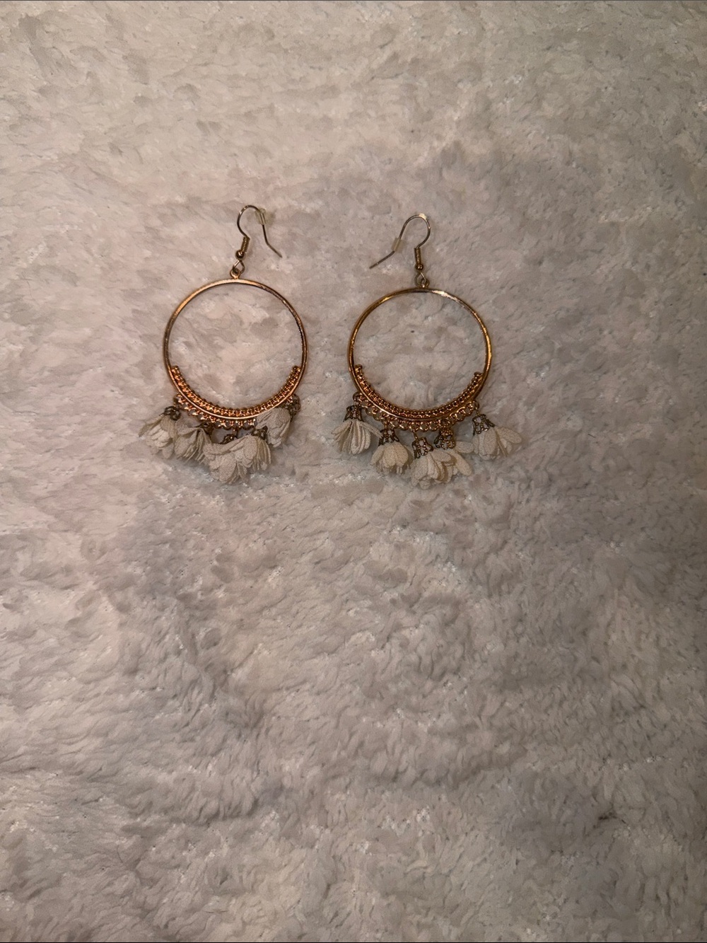 Gold Hoop Earrings with Cream Tassel Charms